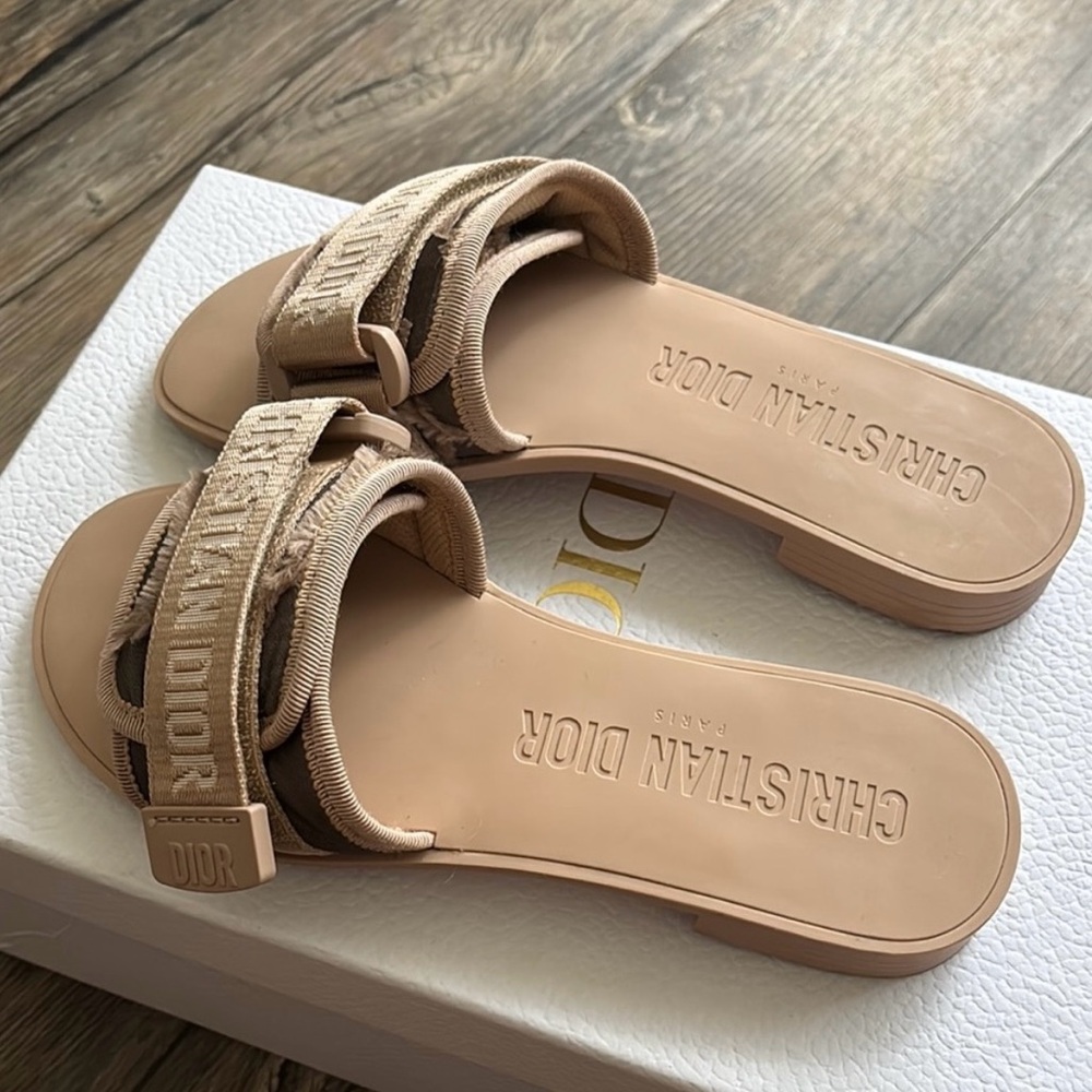 Dior Neutral Beige Embroidered Strap Slide Sandals